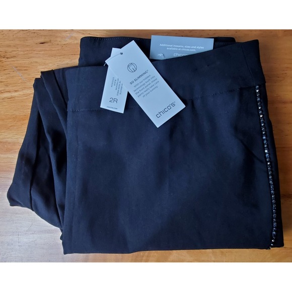 NWT New Chico's So Slimming Brigitte Rhinestone Seam Ankle Pant Black 2R 12 - Picture 1 of 15